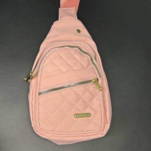 Pink Cross Body Backpack with gold zipper pockets - Picture 3 of 8